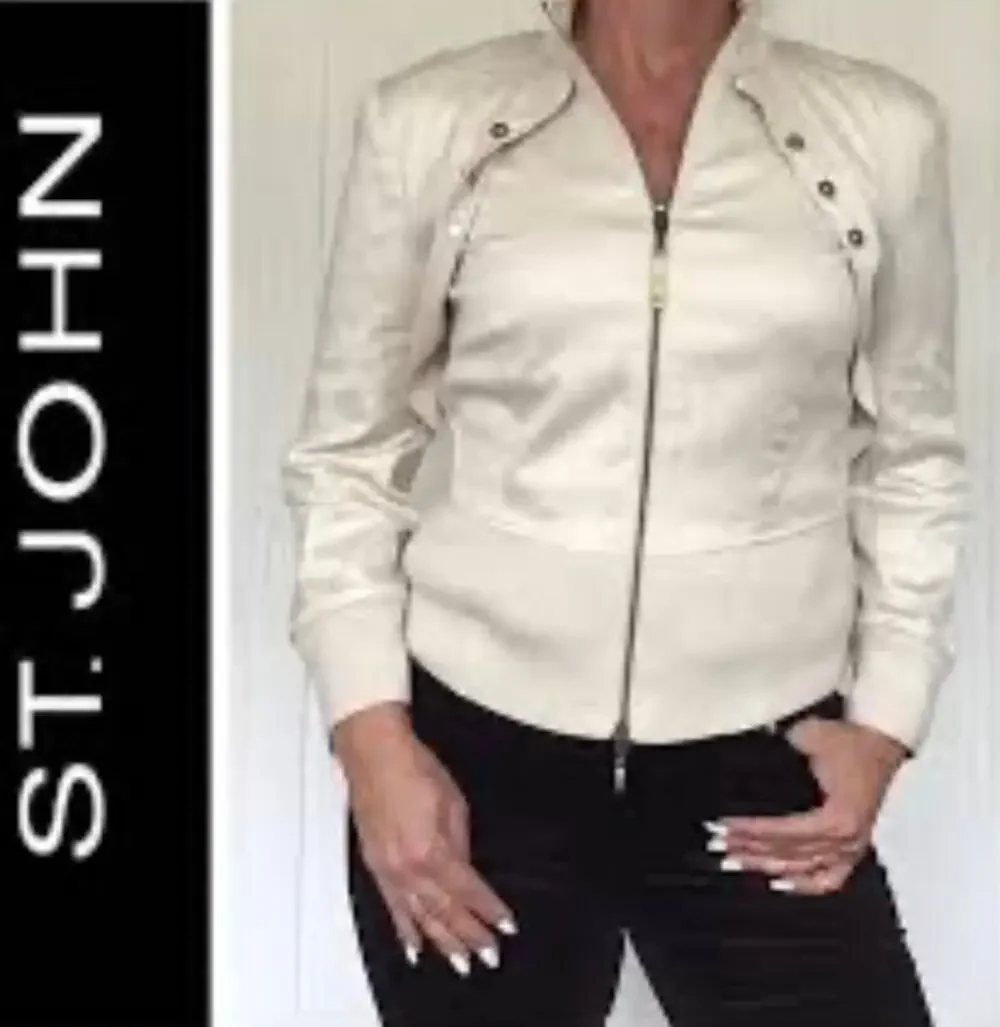 St. John Sport Full Zip Jacket Cotton Stretch Blend 2 Way Zipper Tan Size P